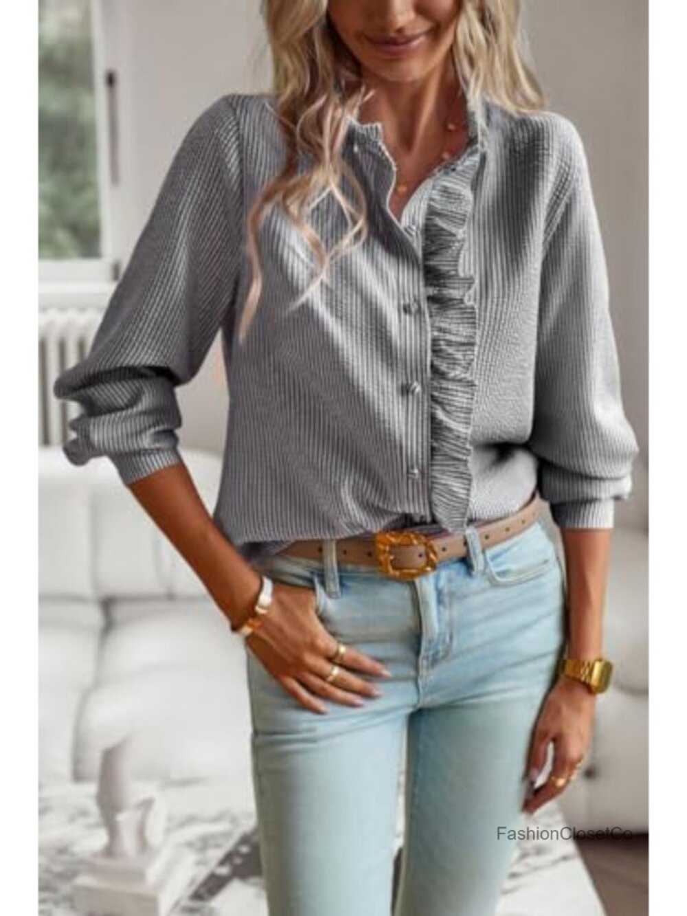 Ruffle Trim Button Up Long Sleeve Blouse Mock Neck Work Shirt - Picture 3 of 6